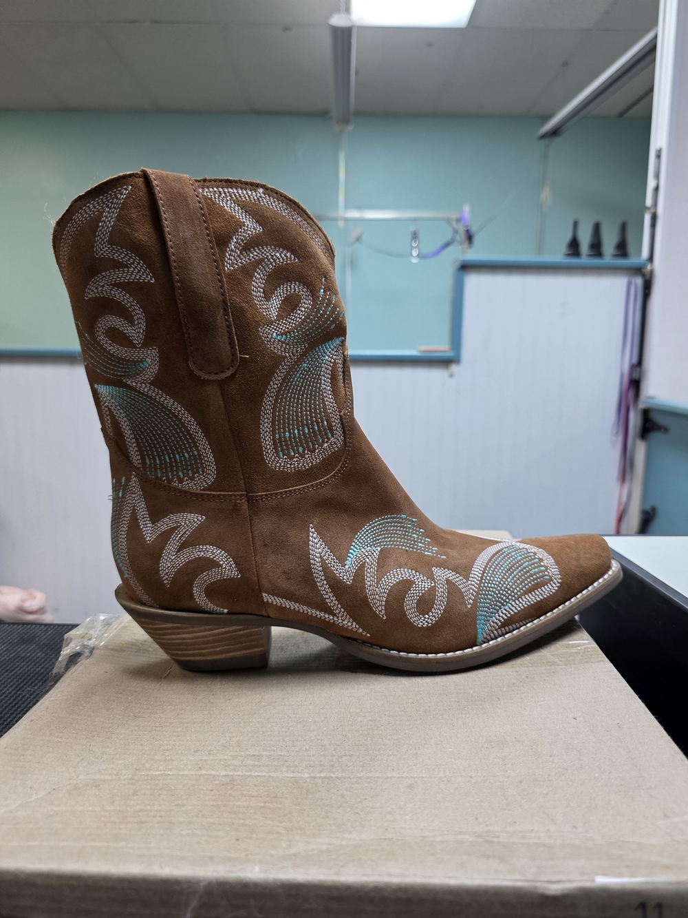 dingo Tan Suede Western Ankle Boot with Turquoise Stitching
